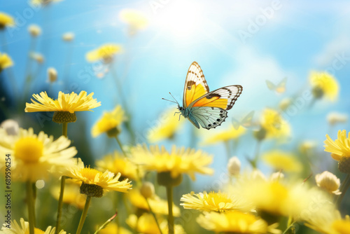 Beautiful yellow butterfly on yellow summer flowers in a meadow overlooking the blue sky.generative ai © Ivan