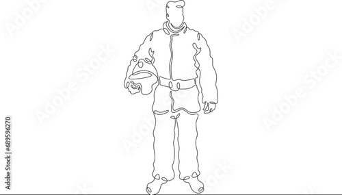 Firefighter in protective uniform. Male rescuer character. Fire officer. One continuous line drawing. Linear. Hand drawn, white background. One line.