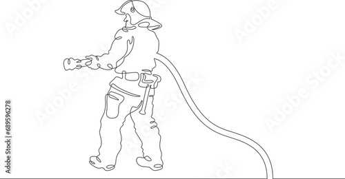 Firefighter in protective uniform. Male rescuer character. Fire officer. One continuous line drawing. Linear. Hand drawn, white background. One line.