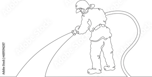 Firefighter in protective uniform. Male rescuer character. Fire officer. One continuous line drawing. Linear. Hand drawn, white background. One line.