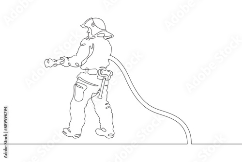 Firefighter in protective uniform. Male rescuer character. Fire officer. One continuous line drawing. Linear. Hand drawn, white background. One line.