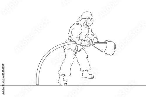 Firefighter in protective uniform. Male rescuer character. Fire officer. One continuous line drawing. Linear. Hand drawn, white background. One line.