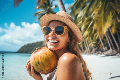 Fototapeta Naklejka Na Ścianę i Meble -  Portrait of young smiling woman in sunglasses and hat holding coconut sitting on exotic beach with palm trees in background, close up view.Theme of exotic and expensive luxury vacation.generative ai