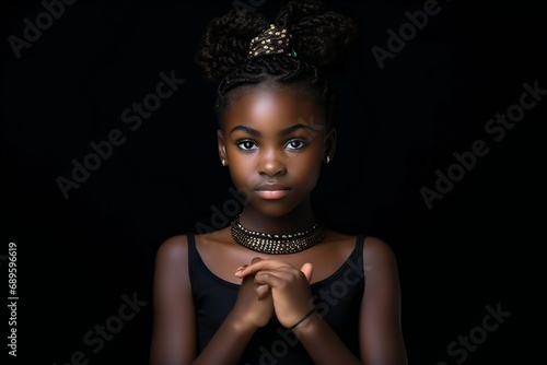 Young baby girl african beauty girl pull back hair with makeup style on face and perfect clean skin on isolated black background. Facial treatment, Cosmetology, plastic surgery