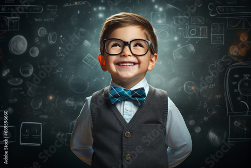 Happy smart boy with glasses on school board background with doodles and drawings, back to school theme.generative ai