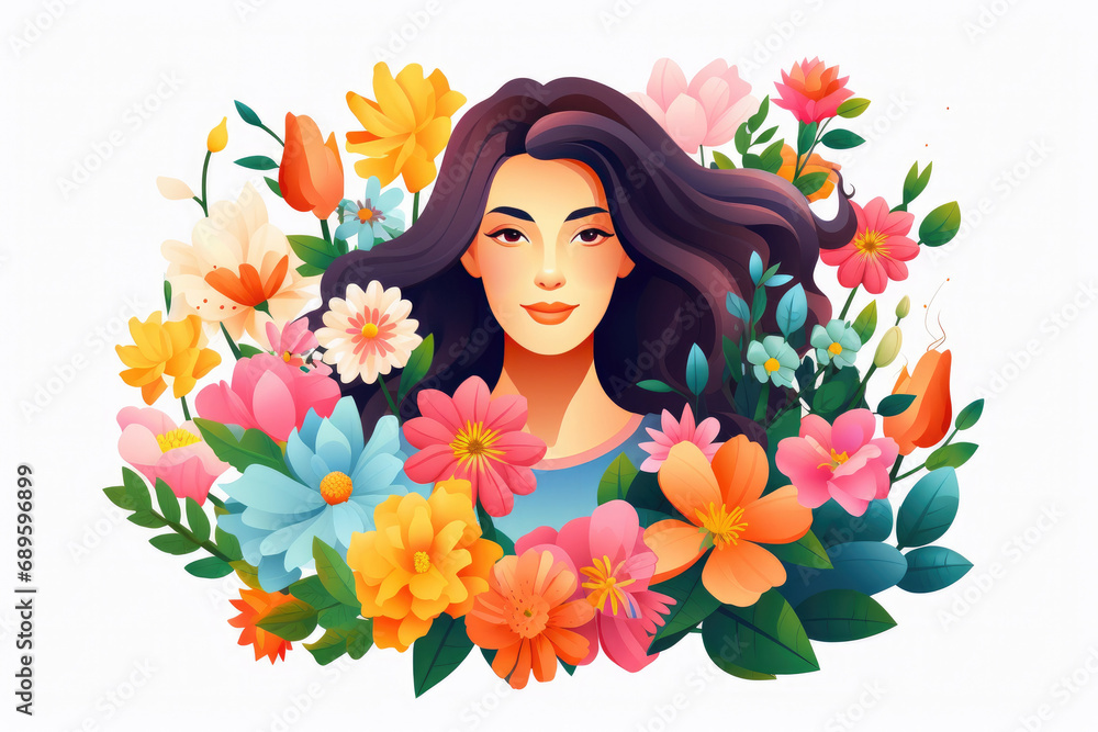 Flat illustration of woman with flowers for Women's Equality Day or March 8 on white background Flat illustration of woman with flowers for Women's Equality Day or March 8 on white background