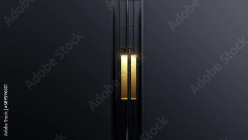 Open glass transparent elevator cabin with light moving on wall house, office or hotel. Realistic 3d animation. photo