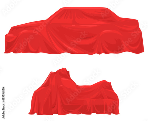 Car and motorcycle hiding under exhibition drapery