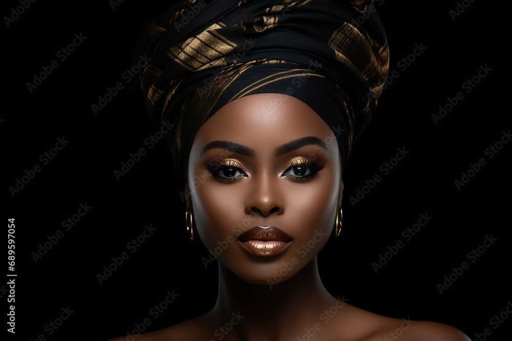 Young african beauty woman pull back hair with makeup style on face and perfect clean skin on isolated black background. Facial treatment, Cosmetology, plastic surgery Young african beauty woman pull back hair with makeup style on face and perfect clean skin on isolated black background. Facial treatment, Cosmetology, plastic surgery