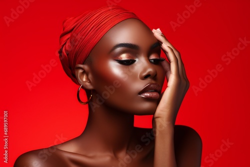 Young african beauty woman pull back hair with makeup style on face and perfect clean skin on isolated red background. Facial treatment  Cosmetology  plastic surgery