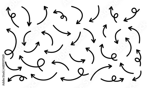 Thin curved arrows collection. Sketch arrows. Vector hand drawn arrows with curls, pointing different directions.