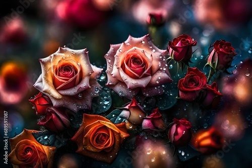 pink red black and sky blue color flowers roses field with sunlight falling and water drops
rose growing in the middle of the water of the lake with green leaves spread all-around abstract background  photo