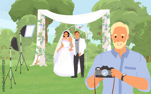 Wedding photo shoot concept with photographer and happy married couple