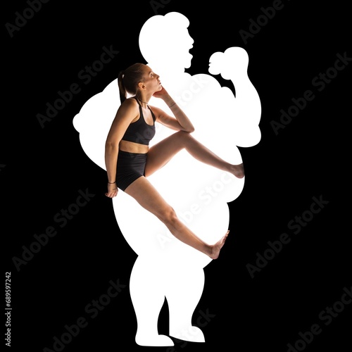 Young woman with slim, fit body sitting inside silhouette of overweight, fat person eating junk food. Conceptual design. Concept of weight loss, acceptance and changes, body care, wellness. photo