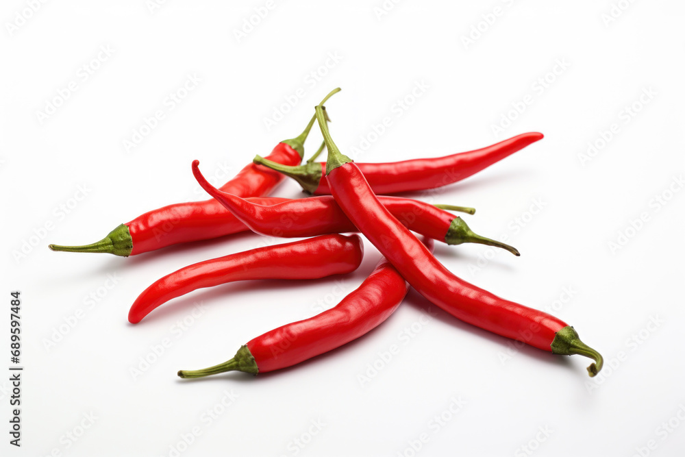 Vibrant red chili peppers pop against a clean white background, enticing and perfect for culinary concepts. Spice up your design with this fiery image. Generated AI.