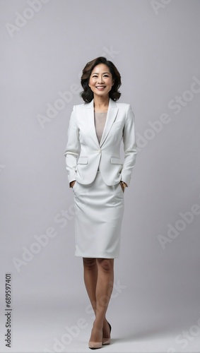 Professional middle-aged Asian female in white business attire stands smiling against a light grey backdrop, exuding confidence.