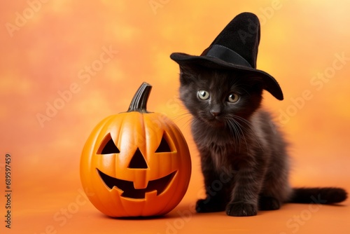 black cat with a witch's hat coming out of a carved pumpkin with a light inside on a pastel orange background © OLKS_AI
