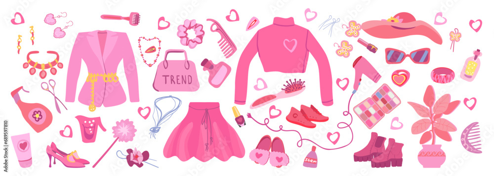 Barbiecore set, Pink trendy set, doll aesthetic accessories. Pink cosmetics, and clothing. Vector illustration Barbiecore set, Pink trendy set, doll aesthetic accessories. Pink cosmetics, and clothing. Vector illustration