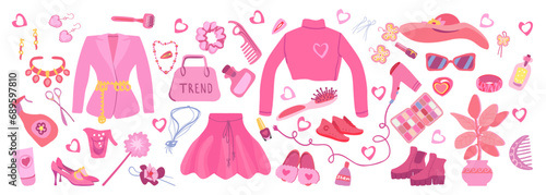 Barbiecore set, Pink trendy set, doll aesthetic accessories. Pink cosmetics, and clothing. Vector illustration