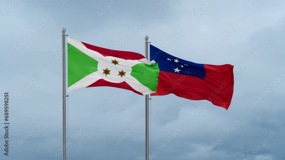 Samoa and Burundi flag waving together on cloudy sky, endless seamless loop, two country cooperation concept Samoa and Burundi flag waving together on cloudy sky, endless seamless loop, two country cooperation concept