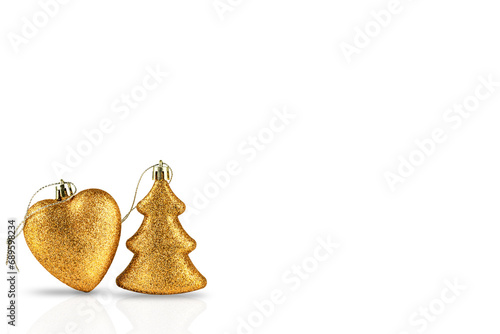 Christmas decoration. Golden heart and Christmas tree. Isolated