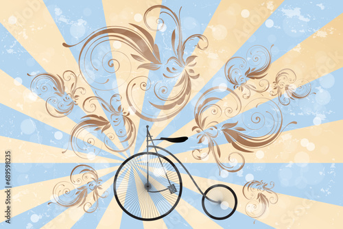 Ride your bike - retro journey with vintage bike, design elements, grunge and bubbles on stripes in blue and beige