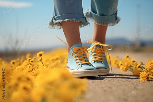 a woman in blue sneakers and jeans is standing on yellow spring flowers. Spring awakening concept. Generative AI photo