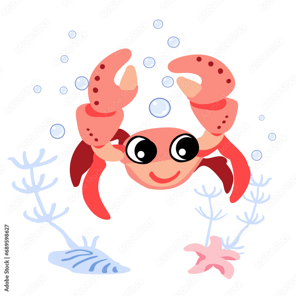 Cute sea crab with bubbles, starfish and seaweed underwater. Vector illustration of marine life character Cute sea crab with bubbles, starfish and seaweed underwater. Vector illustration of marine life character