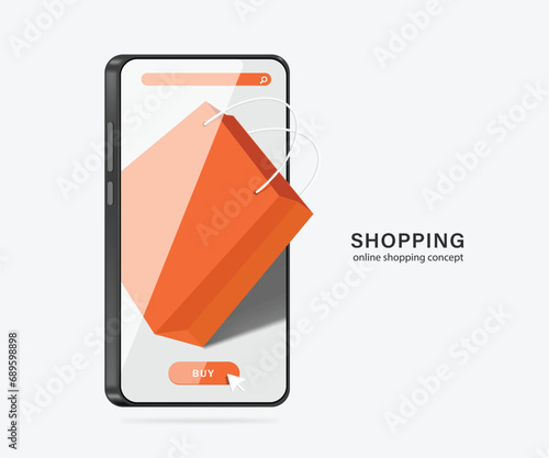 orange shopping bag, buy button, search icon  place on smartphone or mobile phone screen