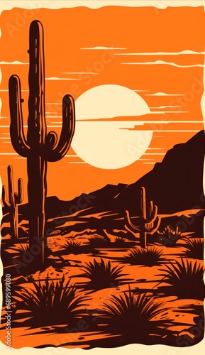 cactus and desert sunset vintage style vertical poster photo