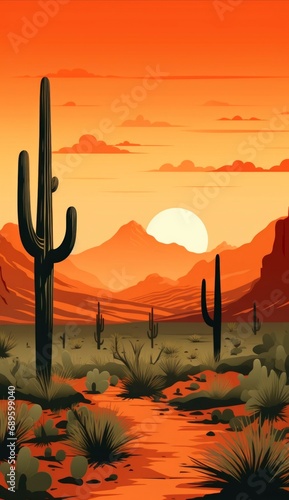 cactus and desert sunset vintage style vertical poster