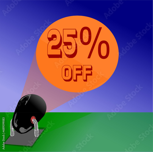 25% gray, black and red reflector iluminates promotions and discounts in the blue sky, in orange