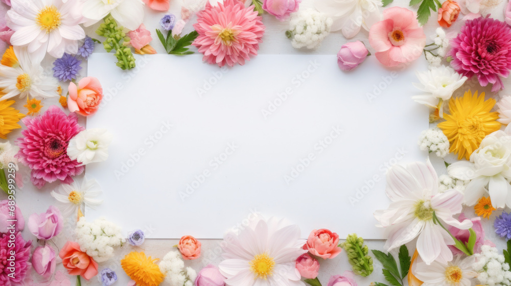 Background of flowers. Spring brightly colored flowers with copy space in the center. Top view. Copy space. Mockup.