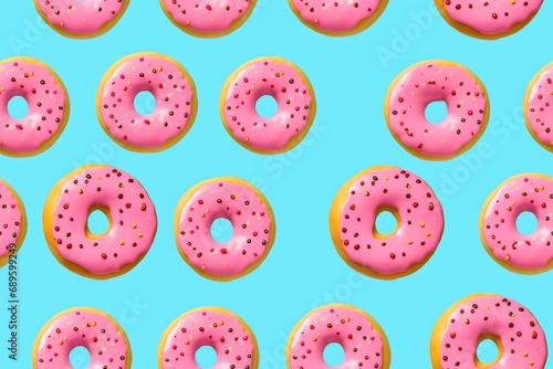 Seamless pattern of cute pink doughnut on blue background. Pastel wallpaper.