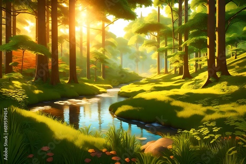 sunset. The trees sway in the gentle breeze  creating a rhythmic dance of shadows. The forest stream reflects the soft  warm colors of the sky  mirroring the celestial generative ai technology