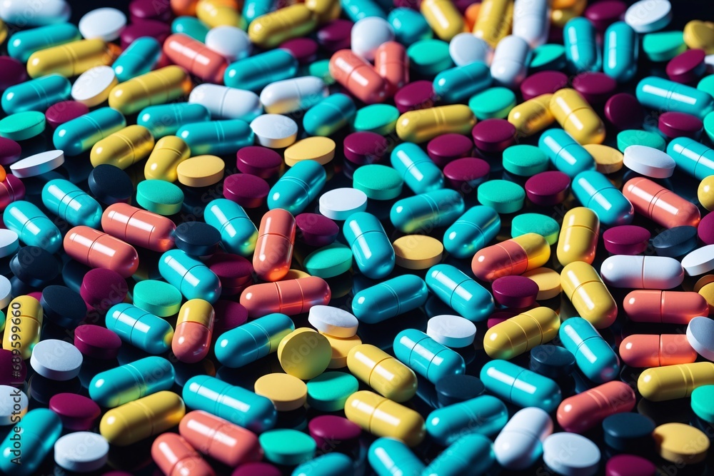 Pharma und Medizin: Detailaufnahme von farbigen Pillen und Tabletten. Pharma und Medizin: Detailaufnahme von farbigen Pillen und Tabletten.