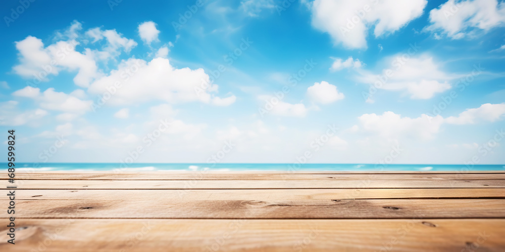Wood table mockup with blue cloudy sky background. Empty copy space for product presentation. Generative AI Wood table mockup with blue cloudy sky background. Empty copy space for product presentation. Generative AI