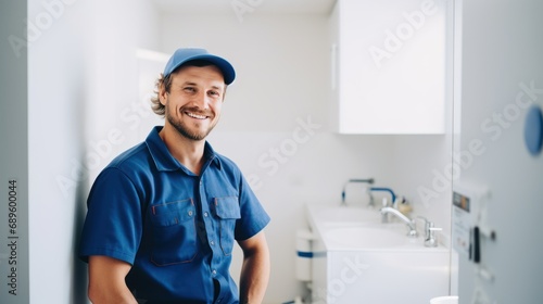Smiling plumber in blue uniform standing in bathroom. Plumbing services banner with copy space. photo