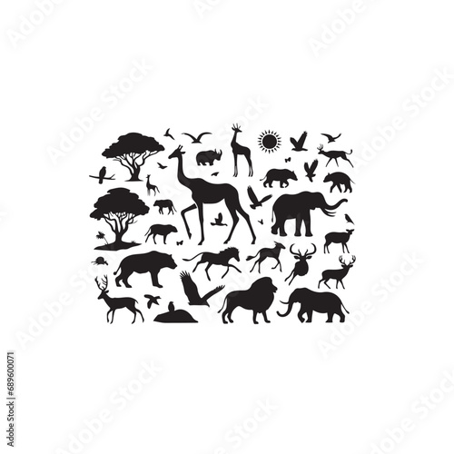 Animal Silhouette: Mystical Forest Dwellers in Moonlit Tranquility Black Vector Animals Silhouette
