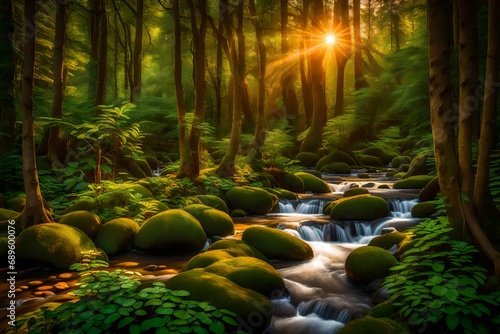 sunset. The trees sway in the gentle breeze  creating a rhythmic dance of shadows. The forest stream reflects the soft  warm colors of the sky  mirroring the celestial generative ai technology