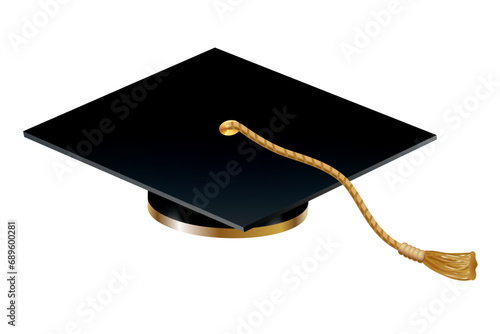 Graduation cap. Black educational student hat with golden tassel. Element for degree ceremony and educational programs design. College, high school or university cap isolated on white background