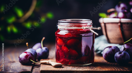 Homemade canned plum compote in large glass jar