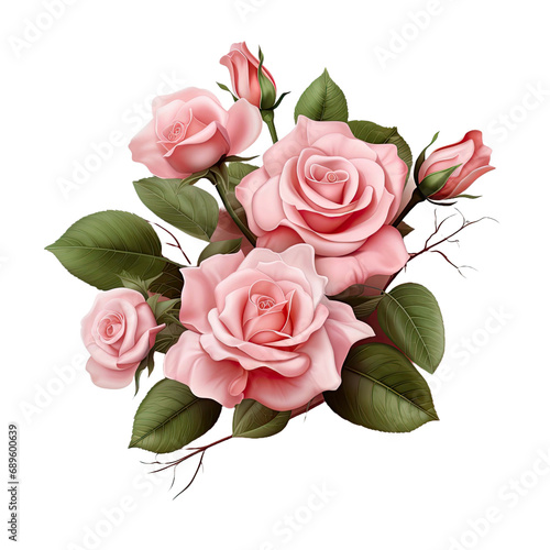 Pink rose flowers and Limonium in a corner floral arrangements with frame isolated on white or transparent background