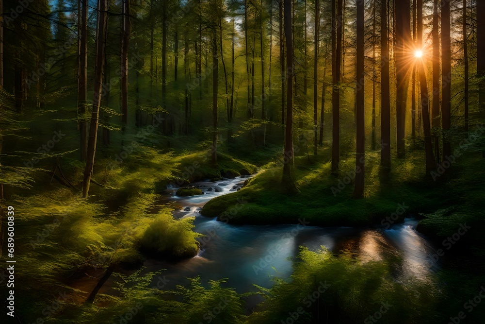 Obraz premium sunset. The trees sway in the gentle breeze, creating a rhythmic dance of shadows. The forest stream reflects the soft, warm colors of the sky, mirroring the celestial generative ai technology