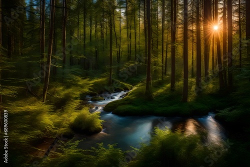 sunset. The trees sway in the gentle breeze, creating a rhythmic dance of shadows. The forest stream reflects the soft, warm colors of the sky, mirroring the celestial generative ai technology