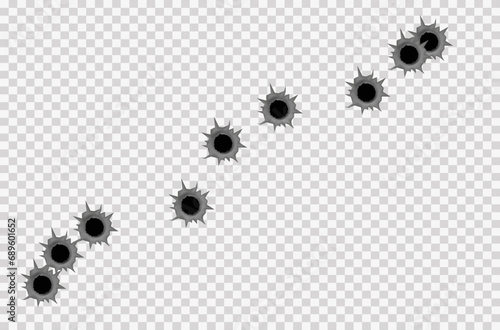 Realistic bullet holes from a firearm in a metal plate are isolated on transparent background. Torn hole in the metal plate from bullets. Vector illustration