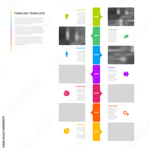 Simple vertical timeline process infographic with color blocks and photo placeholders