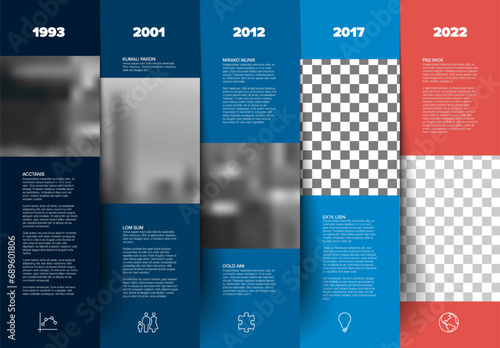 Simple minimalistic dark blue stripe steps with photo placeholders timeline template