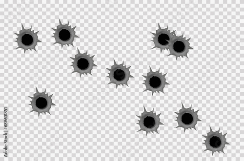 Realistic bullet holes from a firearm in a metal plate are isolated on transparent background. Torn hole in the metal plate from bullets. Vector illustration photo