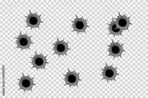 Realistic bullet holes from a firearm in a metal plate are isolated on transparent background. Torn hole in the metal plate from bullets. Vector illustration